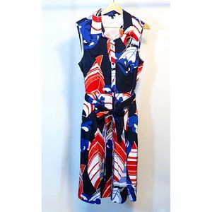 Talbots Midi Shirt Dress Size 14 Red Blue Print Button-Up Collar Neck Tie Waist